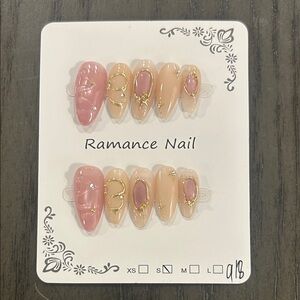 Small Size Pink and Nude Press-On Nails with Gold Accents
